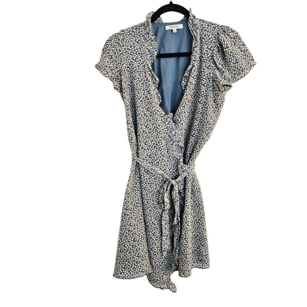 Madewell Silk Blue Floral Ruffle-Edge Wrap Dress in Bitsy Floral size XS EUC - Picture 2 of 7